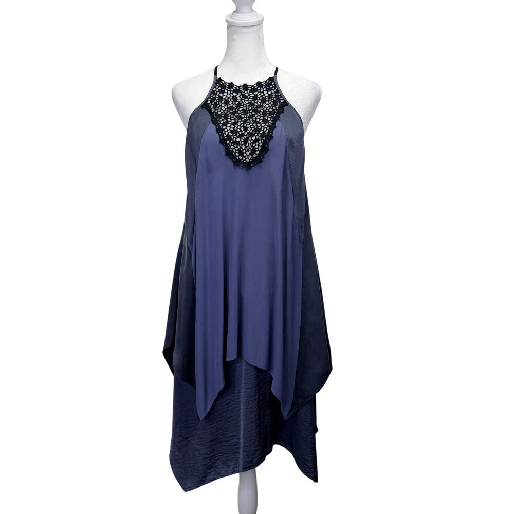 Rebecca Taylor Silk Crochet Lace Halter Dress Sz 2 Blue Black Handkerchief Hem